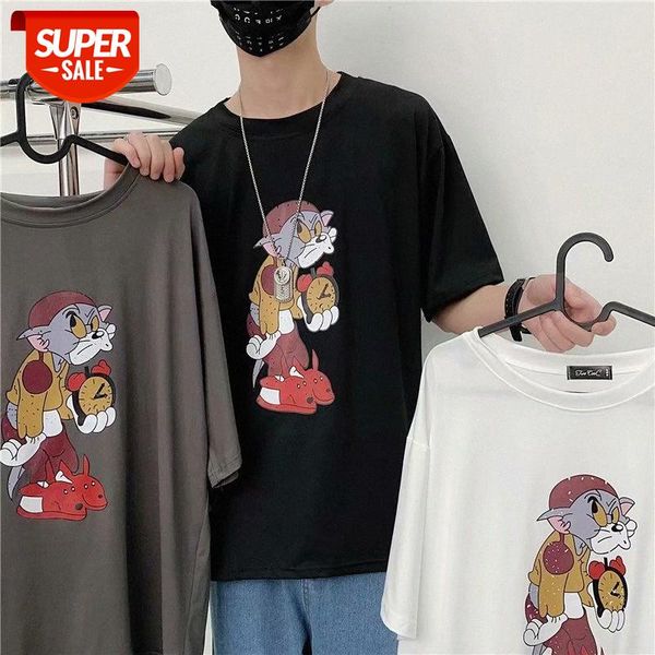 

summer japanese cartoon animal print short-sleeved t-shirt male tide brand trend large size loose handsome student half-sleeved short #367b, White;black