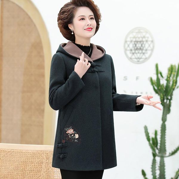 

women's wool & blends middle-aged and elderly blended woolen embroidery jacket 2021 autumn winter warm woole coat hooded outwear 5xl, Black