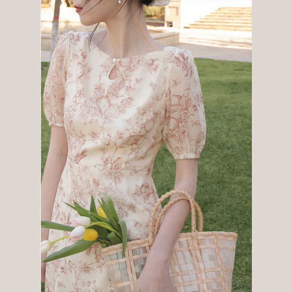 

2021 small frh french cheongsam modified waist long skirt bubble sleeve floral drs children's summer, Black;gray