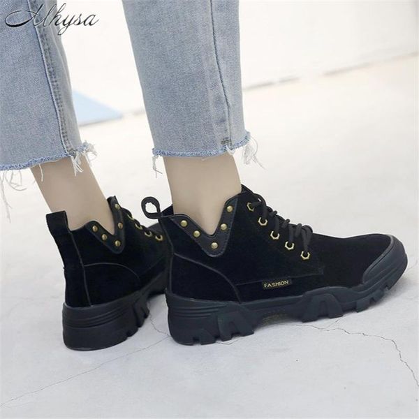

boots 2021 autumn women's fashion suede leather ankle warm rivets for women lace up platform botas mujer, Black
