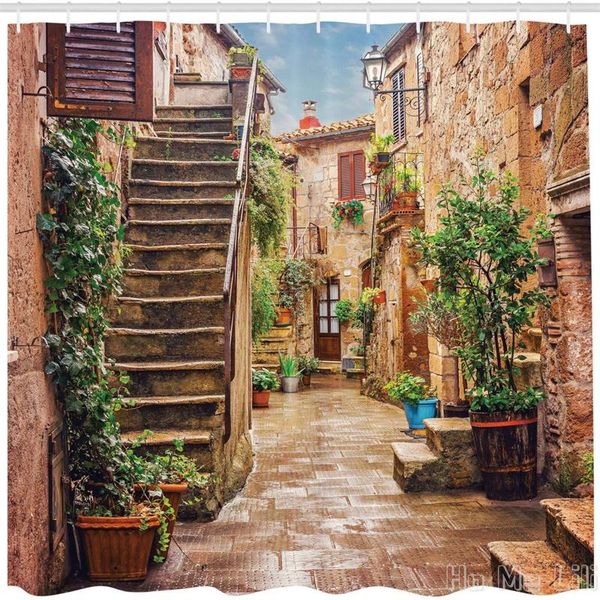 

shower curtains italian view of old mediterranean street with stone rock houses in city rural by ho me lili cloth fabric bathroom decor sets