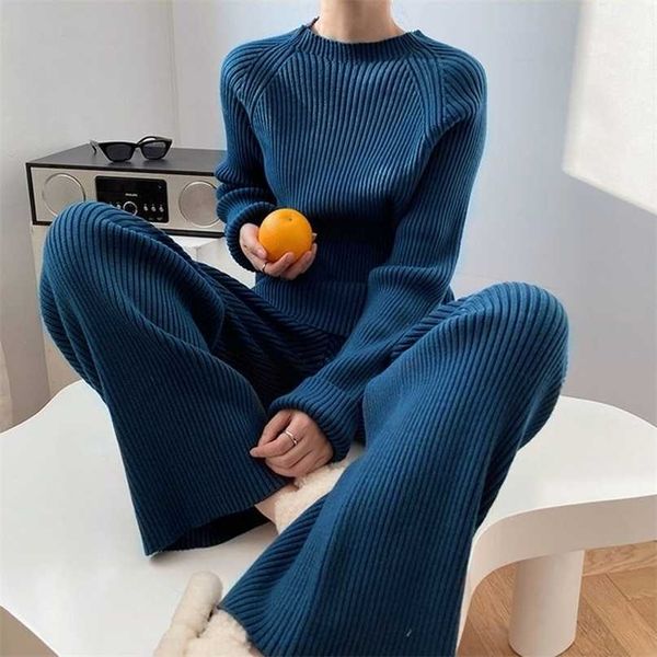 

two piece set pullover sweater knit tracksuit women high waist knit wide leg straight pants suit harajuku spring autumn clothes 211126, White
