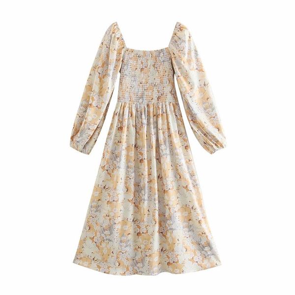 

casual dresses xnwmnz flower printed midi for women long sleeve square collar draped party dress elegant bohemian smocked bodice, Black;gray