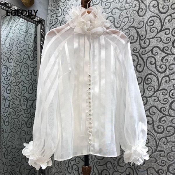 

women's blouses & shirts silk blouse 2021 spring summer white blue shirt women ruffled collar long sleeve casual striped loose