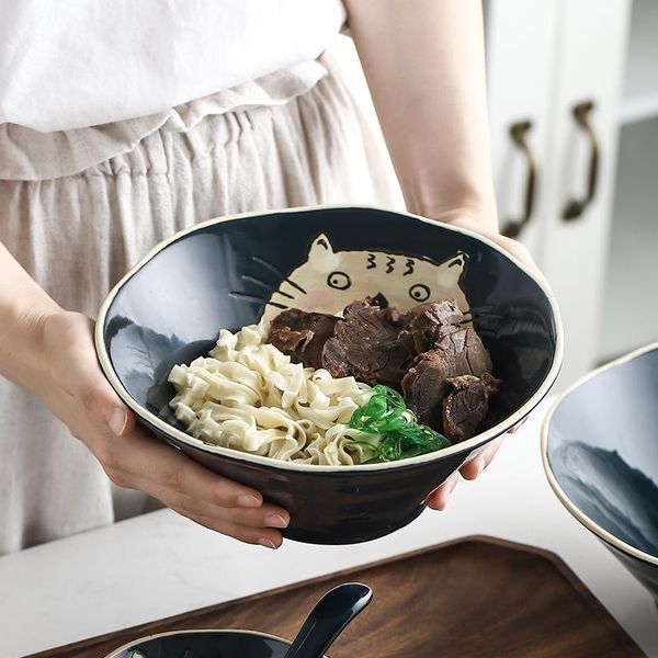 

japanese ceramic handpainted cat globefish household soup beef lamian noodles bowl ramen retro salad porcelain plate tableware bowls