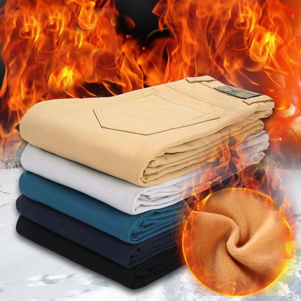 

men's pants 2021 winter warm casual classic style fashion thicken slim fit fleece trousers black blue khaki brand clothes