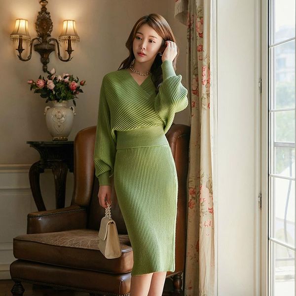 

two piece dress plus size solid casual modis set for women batwing sleeve white sweater and sheath bodycon knitted skirt ladies suit