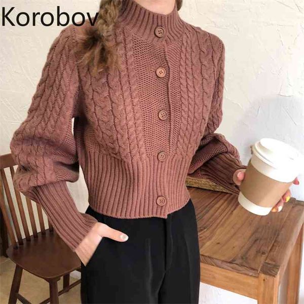 

korobov autumn new preppy style vintage women sweater slim puff sleeve crop sweaters solid korean single breasted cardigan 78646 210430, White