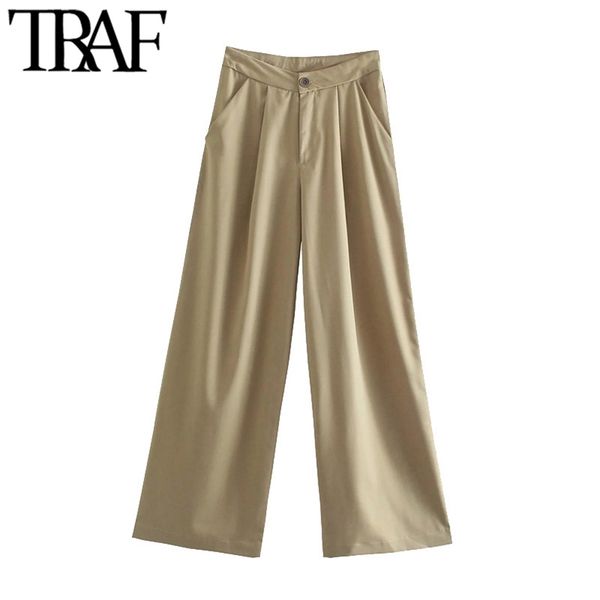 

women chic fashion with draped side pockets wide leg pants vintage high waist zipper fly female trousers mujer 210507, Black;white