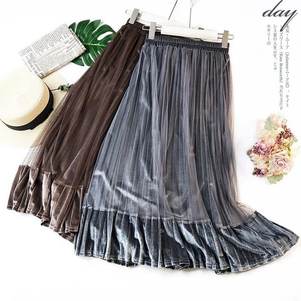 

skirts women pleated skirt party gold velvet mesh midi saias long faldas mujer high waist winter warm plus size bottoms, Black