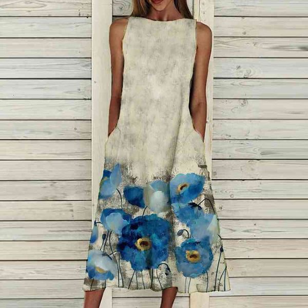

4 round neck sleeveless summer womens dresses scenic floral printed boho pocket straight knee lenght vintage, Black;gray