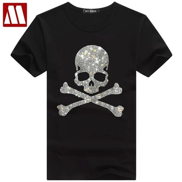 

new skull drilling t-shirt men's black white cotton short tshirt rhinestone tees shirt male shining lights 210324, White;black