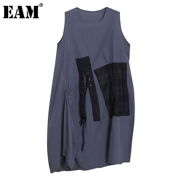 

[eam] women blue irregular spliced ruched bandage dress round neck sleeveless loose fit fashion spring summer 1dd8571 21512, Black;gray