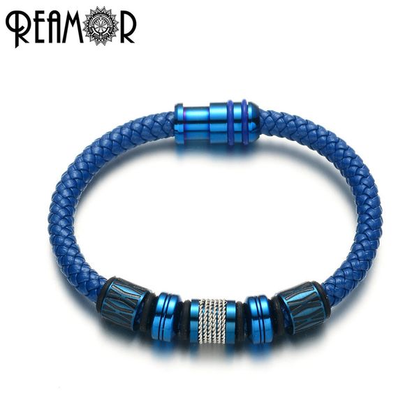 

reamor blue genuine leather bracelet for men jewelry plating color stainless steel beads magnetic clasp bangle 17-21cm y1119, Black