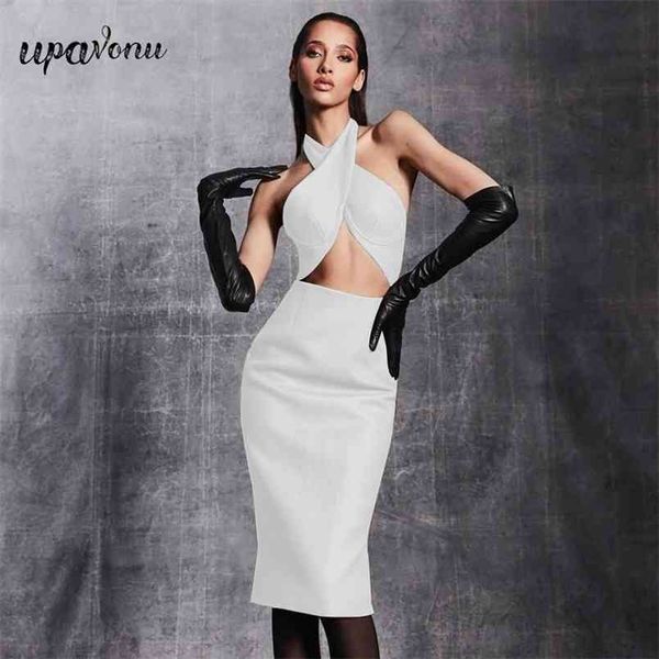 

red halter rayon bandage dress summer women's sleeveless hollow bodycon club party midi 210524, Black;gray