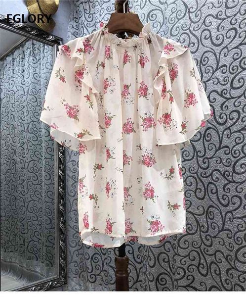 

blouses chiffon blouses spring summer ladies red floral print butterfly sleeve casual loose shirt woman blusa, White