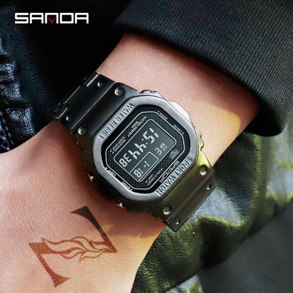 

wristwatches sanda brand fashion sports men's watches led digital watch men 5atm casual waterproof wristwatch steel clock reloj de homb, Slivery;brown