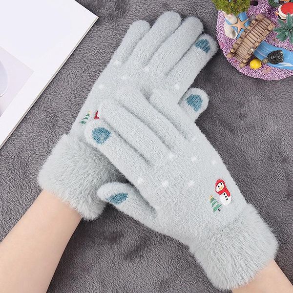 

five fingers gloves women winter warm cute snowman pattern knitted touch screen mittens female full finger christmas gift, Blue;gray