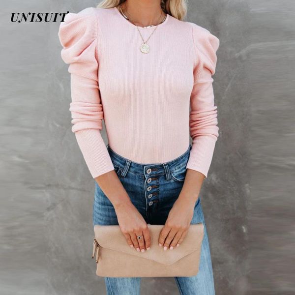 

women's blouses & shirts women fashion knitted shirt pullover solid 2022 elegant o-neck puff shoulder blouse autumn long sleeve ladies, White