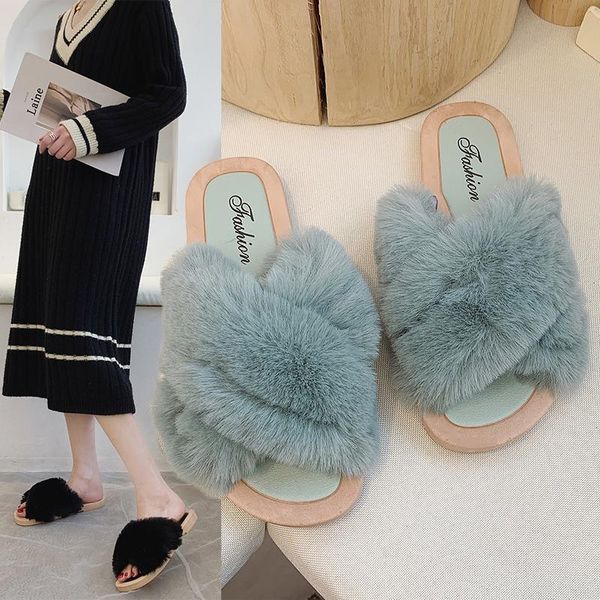 

women shoes fashion fluffy faux fur sandals 20212 summer big plush casual outdoor female flip flops slippers, Black