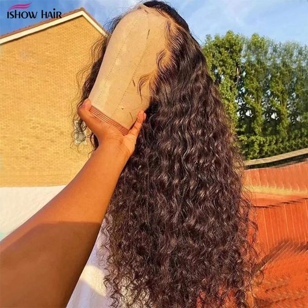 

lace wigs ishow hair 13x4 13x6 frontal human pre plucked 30 inches deep wave 5x5 closure loose water curly wig for women, Black;brown