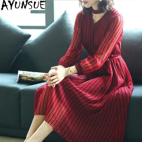 

casual dresses spring summer dress women clothes 2021 korean vintage stripe long party women's red chiffon slim zt2061, Black;gray