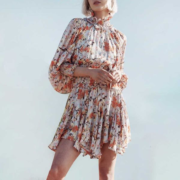 

luxury evening dress casual simple small floral skirt 2021 autumn stand collar lantern sleeve printing and dyeing elegant irregular, Black;gray