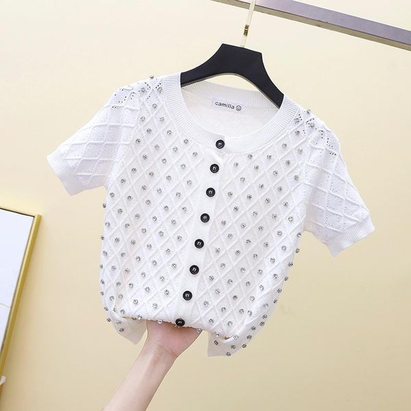 

women's knits & tees 2021 fashion o neck short sleeve diamonds knit sweater coat hollow out cardigan for women summer sweet kni, White