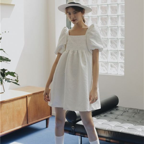 

casual dresses puff sleeve white ruched summer square neck ball gown bandage open back backless women elegant a655, Black;gray