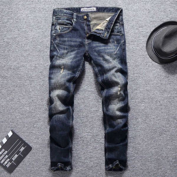 

italian style fashion men jeans distred dark blue spliced designer ripped slim fit vintage retro denim punk pants