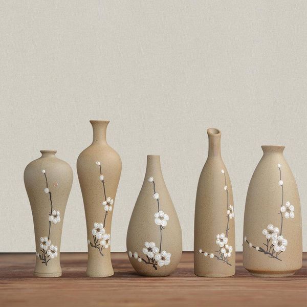 Vasen im chinesischen Stil, Pflaumenblüten-Keramik, Zen-Kleine Vase, Teezimmer-Dekoration, Retro-Blanko, handbemaltes Blumenarrangement