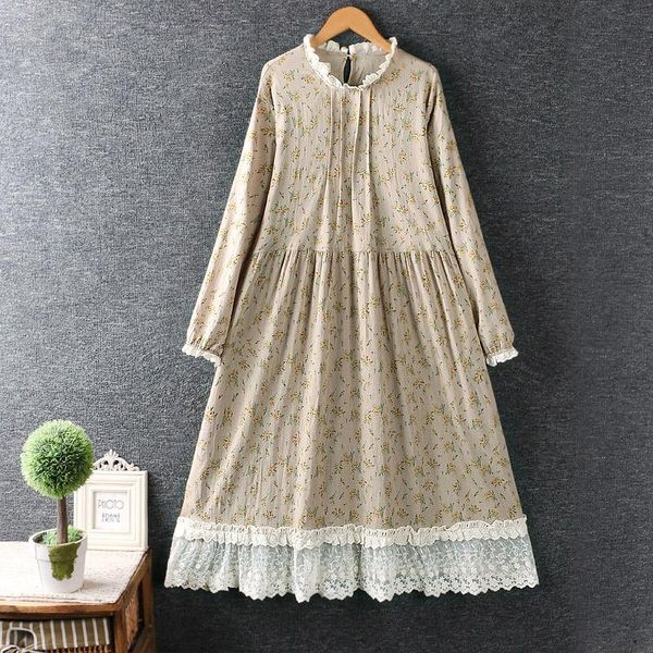 

casual dresses 2021 early autumn japan style mori girl literary floral print dress loose long sleeve lace women midi, Black;gray