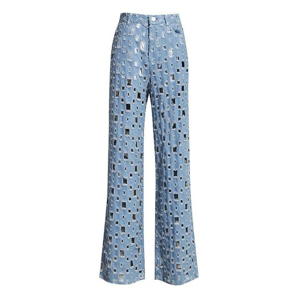 

personalized jeans women's autumn 2021 retro distressed holes hollow washed edges loose wide-leg pants, Blue