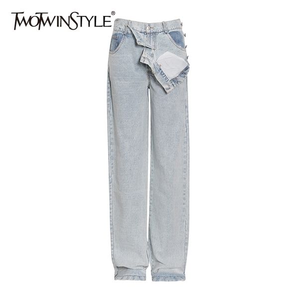 

twotyle casual denim pants for women high waist pocket streetwear loose wide leg jeans female fall fashion 210809, Blue