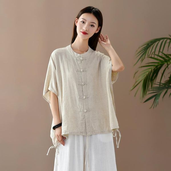 

women's blouses & shirts shanghai story short sleeve shirt chinese style cotton linen button down top, White