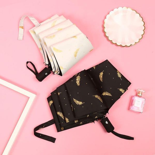 

umbrellas full automatic three fold umbrella for women with golden feather black glue sunny windproof portable folding beach