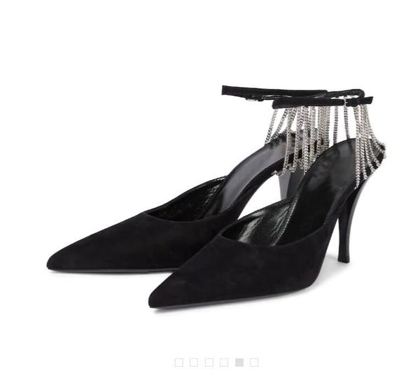 Elegante Vesper Sling Sandal Shoes para Mulheres Cadeia De Camurça Adjudicada Suede Ponto Bombas De Marca Bombas Corrente-Embelezadas Correias De Ankle Senhora Salto Alto EU35-40