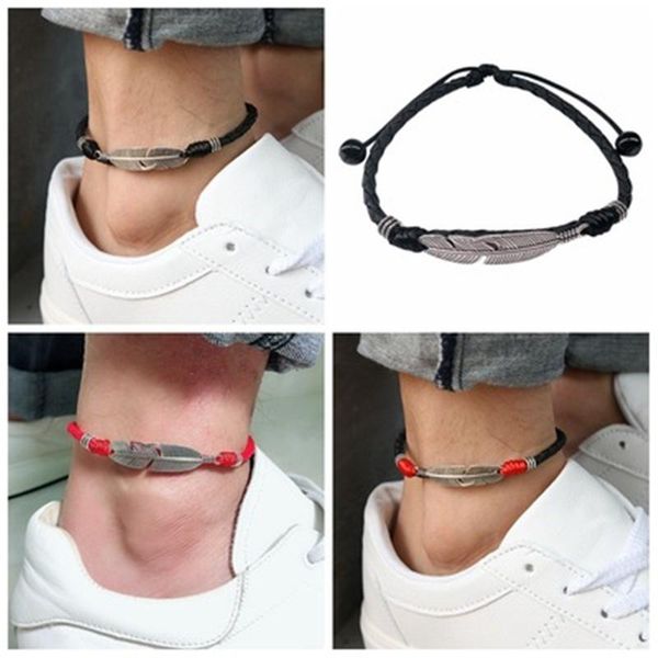

anklets 1pc adjustable handmade cool simple leaf woven rope lucky foot bracelet for women men jewelry, Red;blue