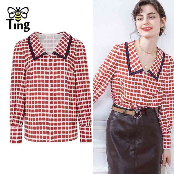 

vintage elegant red plaid button up women lady casual blouses lapel collar street summer spring female blusas 210513, White