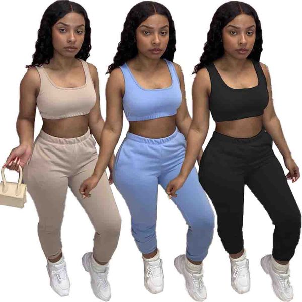 

black/apricot/blue solid two piece sets women 2021 sporty crop vest and jogger sweatpant matching suit co-ord clothing hot, Gray