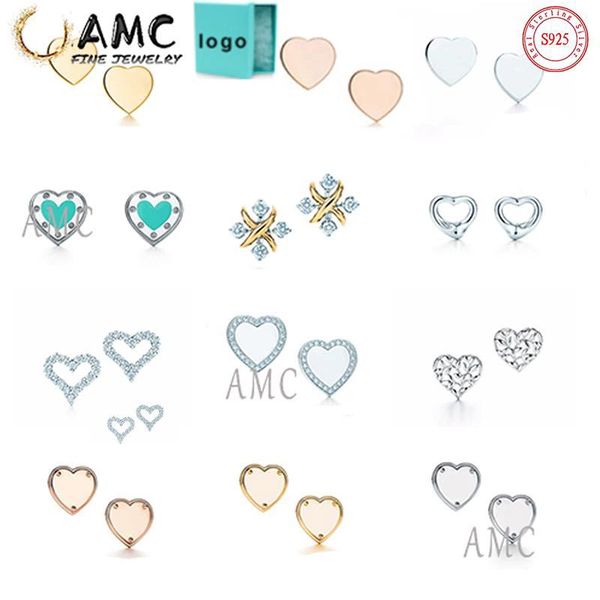 

gift box amc 925 sterling silver classic earrings love shape stud fashion female designer earring wholesale immediately ship, Golden;silver