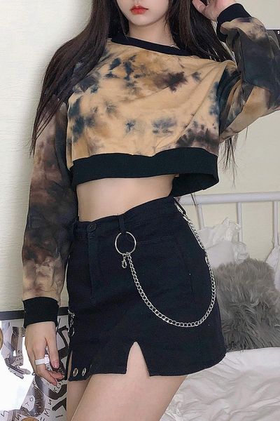 

women's t-shirt women fashion tie-dye printing crop stylish long sleeve round neck loose for ladies female bottoming short, White