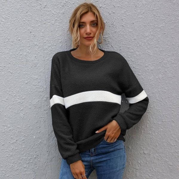 

women's hoodies & sweatshirts women autumn winter long-sleeve shirts striped stitching warm 2021 fashion casual loose sport sweatshirt, Black