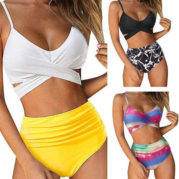 

one-piece suits women 2pcs bikini set ruched cross tie back swimsuit high waist beachwear t4mf