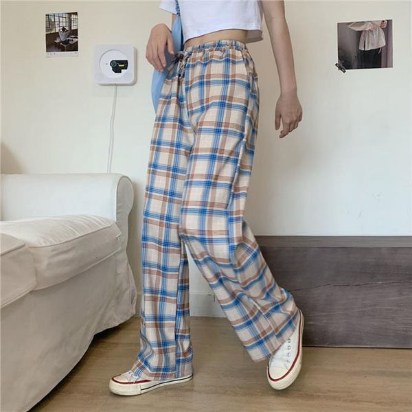 

high waist casual loose womens pants plaid pantalones de mujer, Black;white