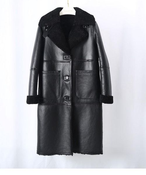 

women's fur & faux 2021 double faced black genuine leather natural lamb long coat thick warm outerwear pocket streetwear luxury fashion