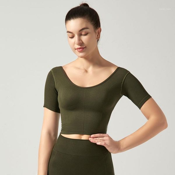 

yoga outfit 2021 gym crop seamless shirts women workout fitness running sports short sleeve t-shirt active wear