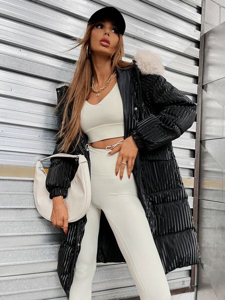 

double pocket fuzzy trim hooded puffer coat e69u#, Black