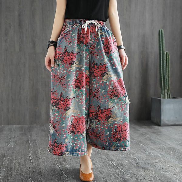 

women's jeans 2021 elastic waist drawstring wide leg pants female casual pockets vintage denim trousers women printed retro woman, Blue