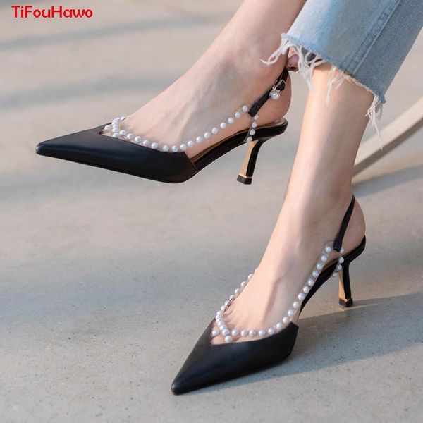 

black pointed toe genuine leather high heels sandals ladies summer string bead party shoes sandalias de las mujeres